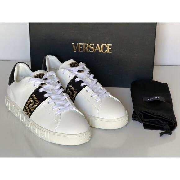 Versace Greek key Men\'s White/Black Leather Sneakers 13 US (46) 1014460 NIB $725 main image 5